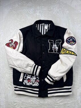 Mickey Mouse Varsity Jacket Black White - Disney Character Patches Medium-Large
